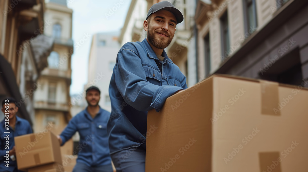Strong movers effortlessly lifting heavy furniture, showcasing their expertise and teamwork Strong movers effortlessly lifting heavy furniture, showcasing their expertise and teamwork