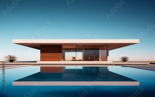 realistic photo of a minimal modern house with a swimming pool. generative ai © KBL Sungkid