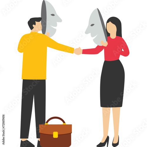 businessman shaking hands with one of the masks to hide real thoughts. dishonest or fake agreements, fraud or suspicion, betrayal or secret deals, hidden threats are ready to stab behind the concept.b