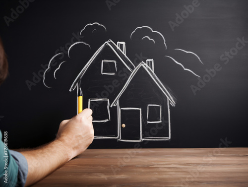 man drawing House on Family chalkboard