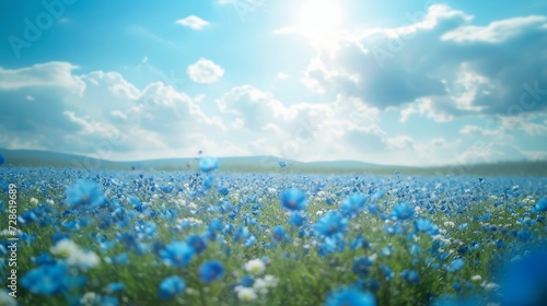 Beautiful natural background with blue flower field and blue sky large copyspace area with copy space for text
