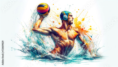Vivid watercolor illustration of a male water polo player in action with dynamic splashes of color to highlight the movement. Sports concept. AI generated.