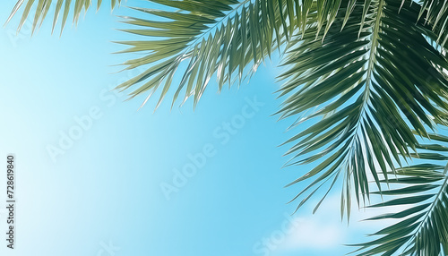 Palm tree branches on blue sky background with space for text