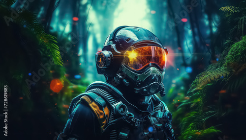 Astronaut landed in the tropics in the neon jungle photo