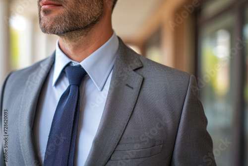 Cropped close-up portrait of elegant, stylish mature businessman in formal wear. Perfectly fitted grey suit, white shirt, navy blue tie. Senior executive in business attire.