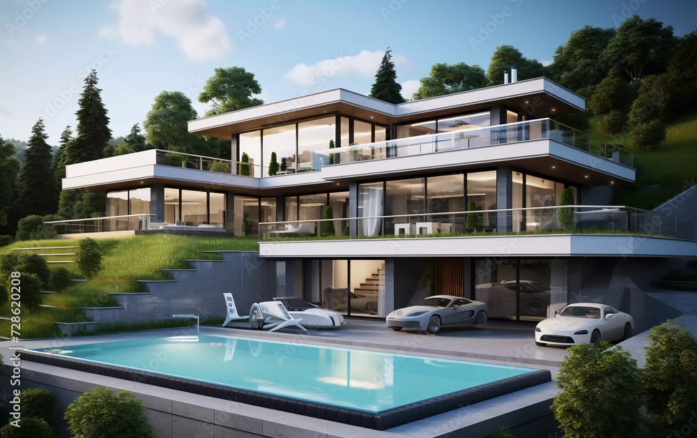 comfortable modern house on a hill with garage and swimming pool. generative ai