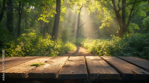 An empty wooden podium  bathed in soft sunlight  amidst a tranquil forest clearing