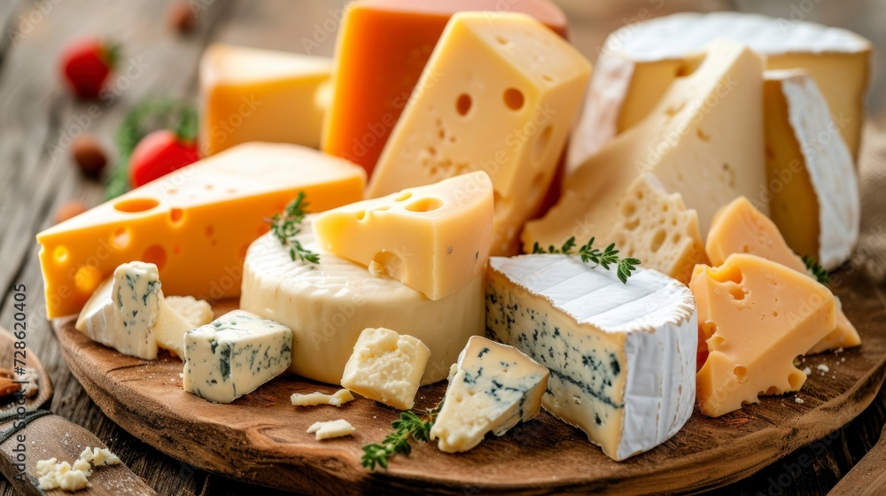 delicious cheese board with a lot of variety of cheeses on a wooden board, good atmosphere delicious cheese board with a lot of variety of cheeses on a wooden board, good atmosphere