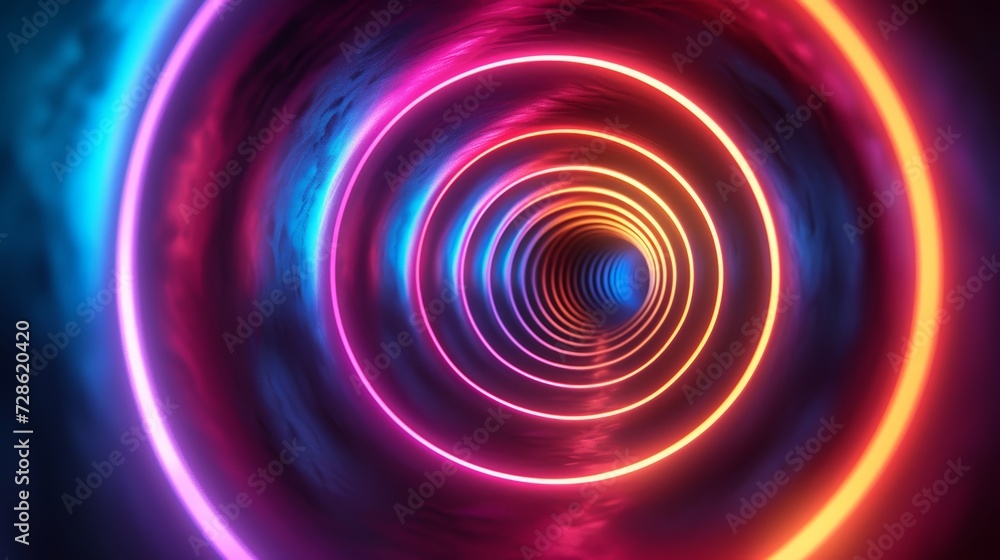 Glowing neon circles in a hypnotic spiral, evoking a sense of cosmic wonder Glowing neon circles in a hypnotic spiral, evoking a sense of cosmic wonder