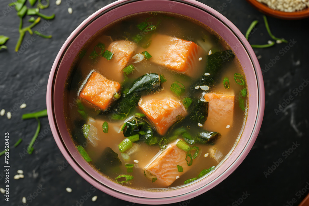 Top view of miso soup with salmon on the black table background Top view of miso soup with salmon on the black table background