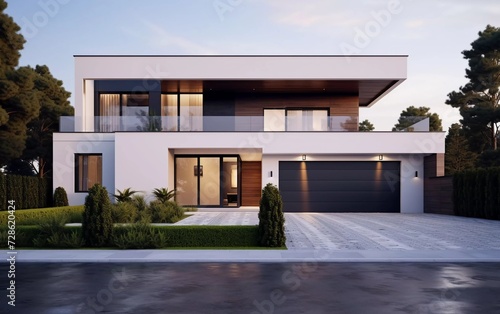 modern minimalist block house with garage. Building a contemporary villa exterior. Private real estate. generative ai © KBL Sungkid