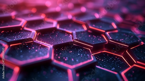 Glowing neon hexagons in a honeycomb pattern, symbolizing technological unity