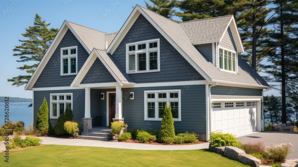Beautiful exterior of newly built luxury home. Yard with green grass and walkway lead to ornately designed covered porch and front entrance Beautiful exterior of newly built luxury home. Yard with green grass and walkway lead to ornately designed covered porch and front entrance