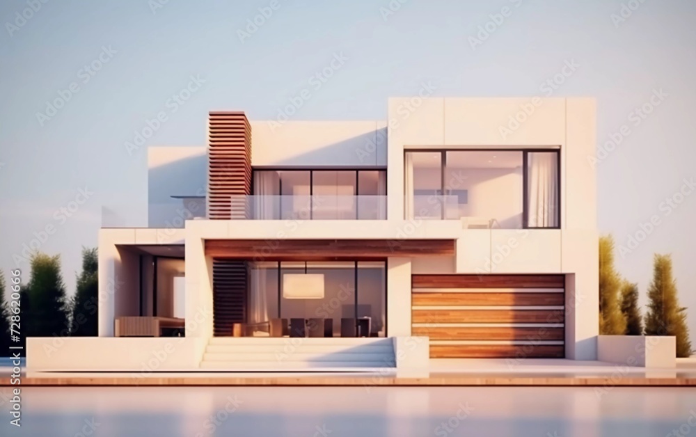 modern minimalist block house with garage. Building a contemporary villa exterior. Private real estate. generative ai
