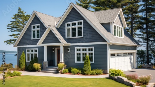 Beautiful exterior of newly built luxury home. Yard with green grass and walkway lead to ornately designed covered porch and front entrance