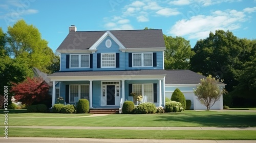 Beautiful exterior of newly built luxury home. Yard with green grass and walkway lead to ornately designed covered porch and front entrance