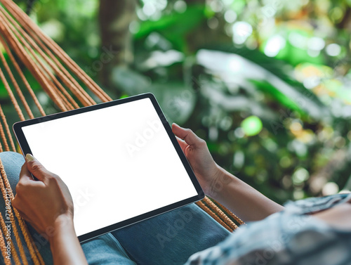 Mockup close-up of a person's hands holding a tablet with a white blank screen