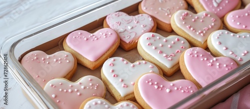 Arranging heart-shaped sugar cookies with pink and white icing in a big plastic box.