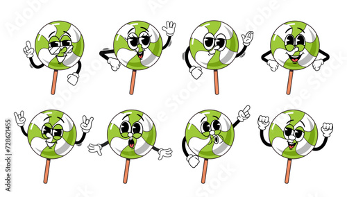 Retro Christmas Cartoon Lollipop Character. Striped Festive Sweet Personage With A Cheery Face, Exudes Vintage Vibes