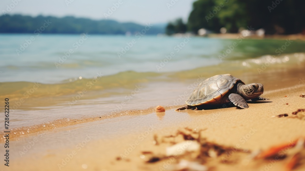 A little turtle lying lazily on the beach, use filter photography, stick figure, 32K, hyper quality