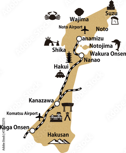 石川県の線路空港英語地名入りイラストマップ_コルク模様