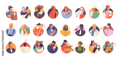 Profession Avatars Set, Diverse Collection Digital Character Portraits, Representing Various Careers And Industries