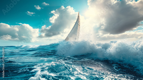 A sailboat navigating in the stormy sea. White triangular sail rises among huge foamy waves. Blue cloudy sky. Extreme water sports, active lifestyle.