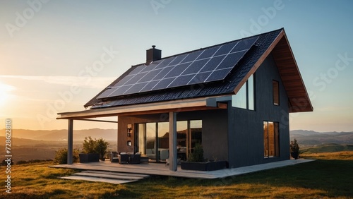 House with a solar panel on the roof photo