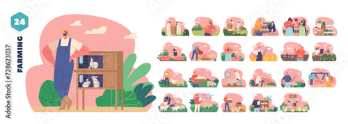 Isolated Vector Elements With Cartoon Farmer Characters. People Use Innovative Technology For Farming