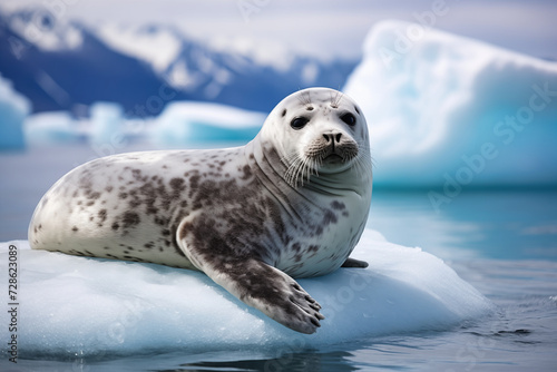 Baby seal on the ice floe in Antarctic waters, Antarctica.