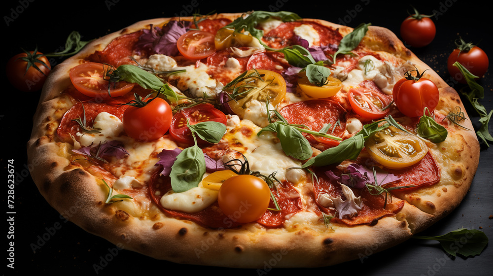 a pizza with tomatoes, mozzarella, and basil a pizza with tomatoes, mozzarella, and basil