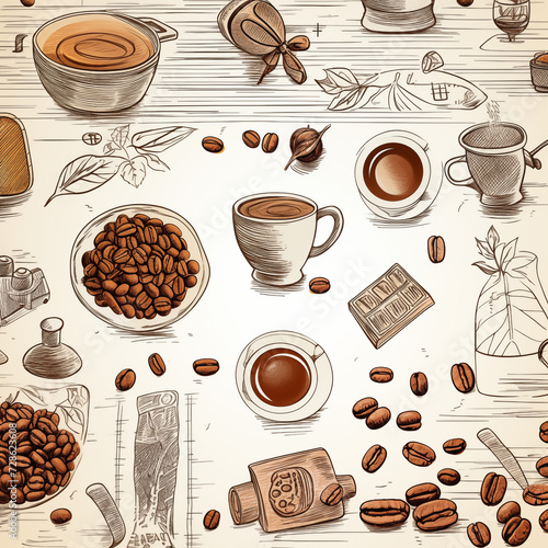 A seamless pattern of freshly roasted coffee beans scattered across a warm brown background