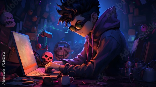 Hacker boy working in the dark studio 