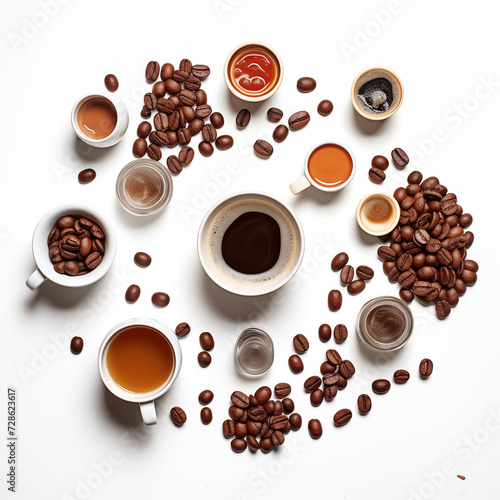 Steaming mug of dark coffee sits beside scattered brown beans, promising a morning caffeine boost