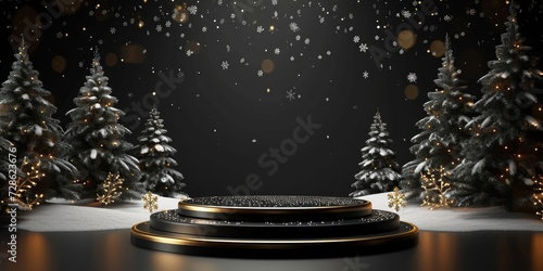 Isolated black background with black and golden pedestal Christmas trees snowflakes and empty space New Year concept illustration, Generative AI