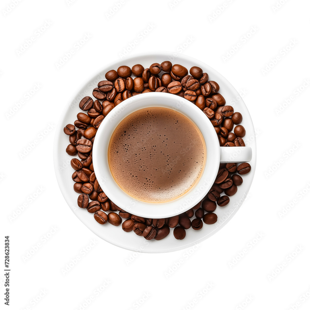 Fototapeta premium Coffee Beans in a White Cup on a Saucer with Aromatic Espresso