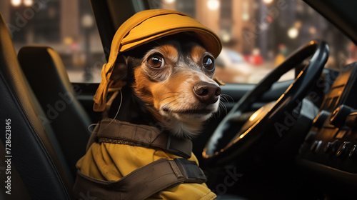 a dog wearing a hat drives a car © EvhKorn