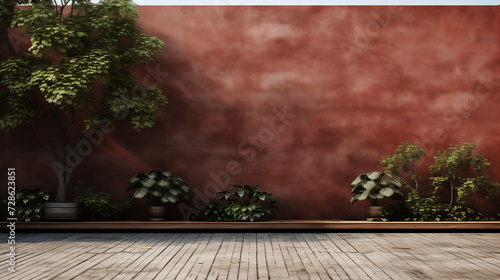 a red wall with a wooden floor and potted plants