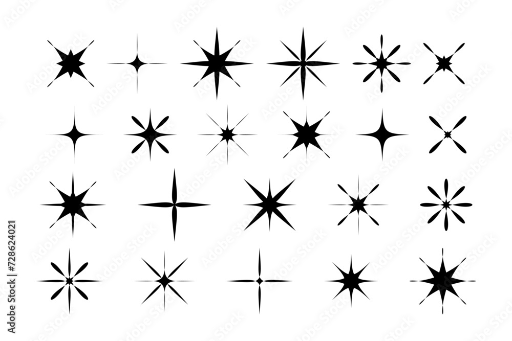 Set of Y2k stars in flat style for retro design. Collection of black silhouettes of stars. Vintage aesthetic signs and symbols 80s, 90s. Vector illustration.