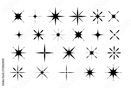 Set of Y2k stars in flat style for retro design. Collection of black silhouettes of stars. Vintage aesthetic signs and symbols 80s  90s. Vector illustration.