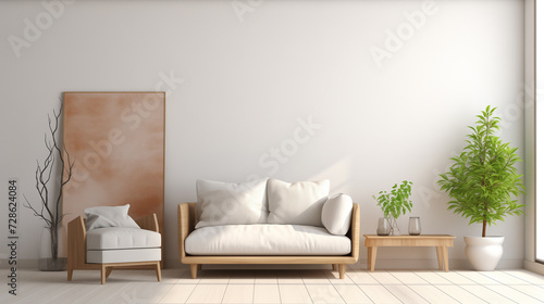 a living room with white walls and a couch, chair, and a plants