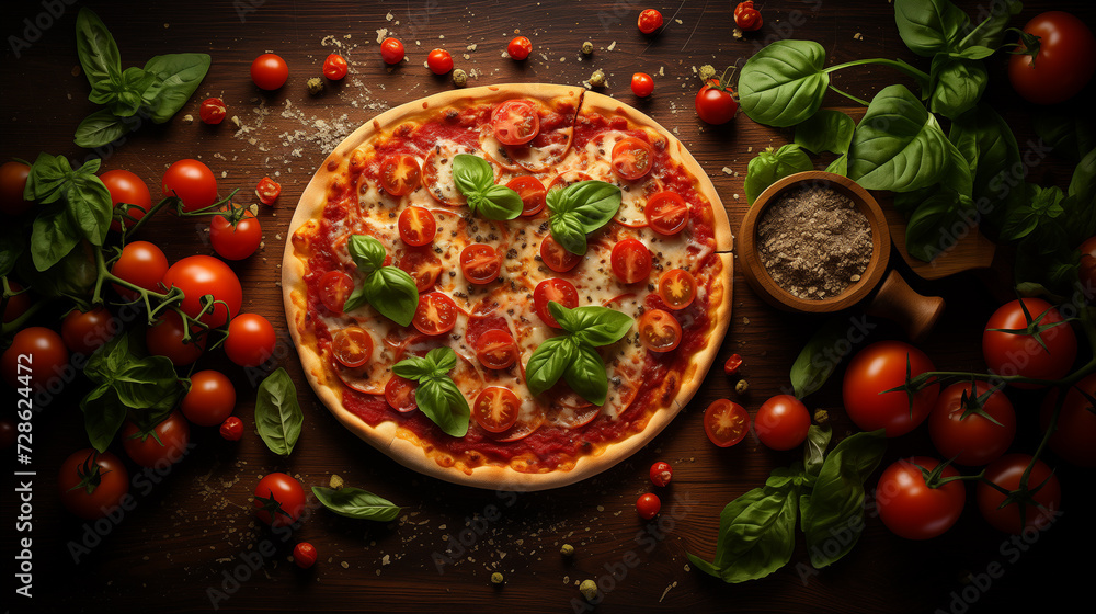 a pizza with tomatoes and basil on a wooden table