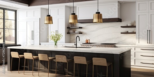 A modern kitchen with white cabinets, hanging light fixtures over a black island, and a marble countertop and backsplash.