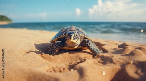 A turtle on the beach is crawling towards the sea, High and short depth of field,  © Thuch