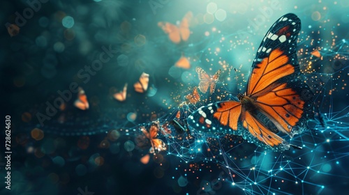 Monarch butterfly on a delicate web, with sparkling bokeh lights on a dreamy blue background. © tasnaifotolia