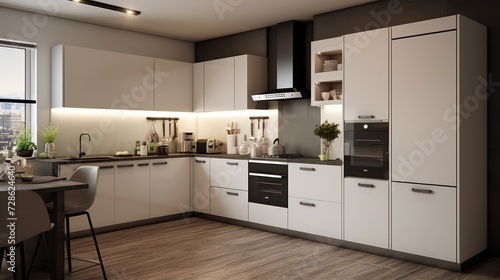 A small kitchen, 4 by 3 meters in size, in white color, with a modern design.