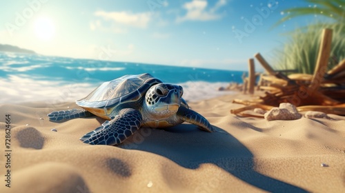 A turtle on the beach is crawling towards the sea, High and short depth of field, Comicbook,