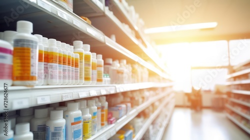 A vitamin aisle in a pharmacy full of bottles. Cinematic photography, very bright,
