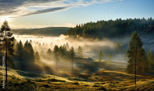 Through the Mist: A Sunlit Forest Awakening