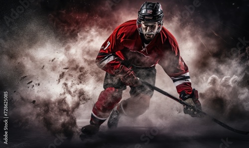 A Skilled Hockey Player in a Striking Red Uniform, Holding a Stick © uhdenis